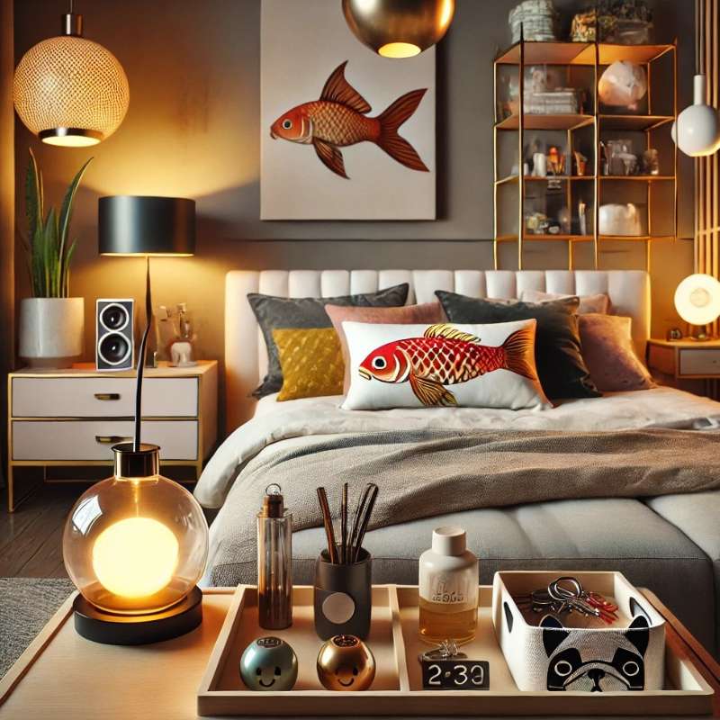 A stylish bedroom with trendy home accessories, including a retro oil lamp, Lucky Koi Fish pillow, French Bulldog key tray, and a retro vinyl Bluetooth speaker.